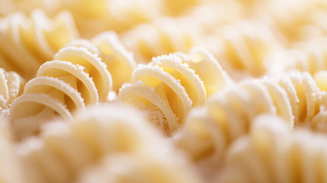Close-up of pasta cavatappi, a short, hollow pasta with a corkscrew shape.