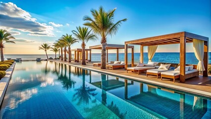 Fototapeta premium Luxurious beachfront hotel with infinity pool and private cabanas overlooking the crystal clear Mediterranean Sea, Luxury