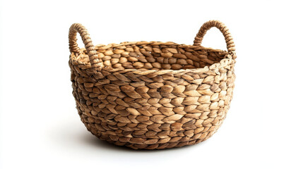 Fototapeta premium Empty woven basket with sturdy handles, sitting alone on a white background