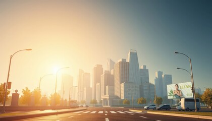 Cityscape at Sunset with Billboard Advertisement.