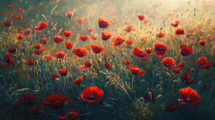 Scarlet poppies dance in the daylight breeze, painting the meadow in vibrant hues.