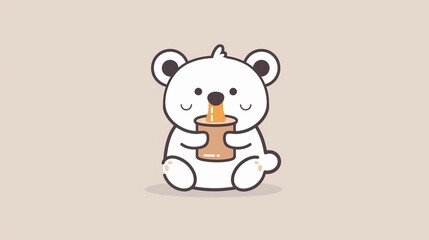 Fototapeta premium Cute bear holding a honey pot, minimalist design, clean lines, simple color palette, 2D vector illustration