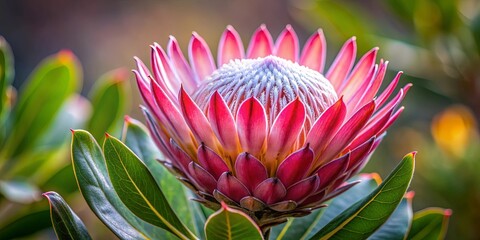 Close up of beautiful icy pink laurel protea fynbos flower with soft petals and intricate details, fynbos, flower, pink