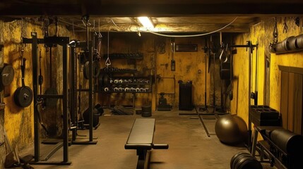 Obraz premium An old basement gym with weight training equipment, weights, and a bench.