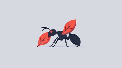 Ant with a leaf in minimalist 2D vector style, clean and basic illustration, uncomplicated shapes, plain and simple design