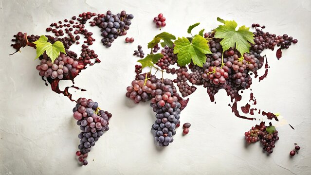 Flat lay world map made of grape clusters and wine leaves, with wine drops representing global wine industry concept , wine
