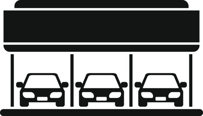 Simple vector icon of a car dealership with three cars parked in front
