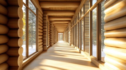 Fototapeta premium Empty hallway with windows in a wooden log cabin with sunlight streaming through.