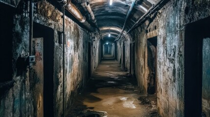 Fototapeta premium A long, dark, and eerie corridor in an abandoned building with multiple doors.