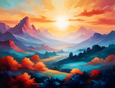 Sunset Over A Mountain Landscape Painting Generated With AI