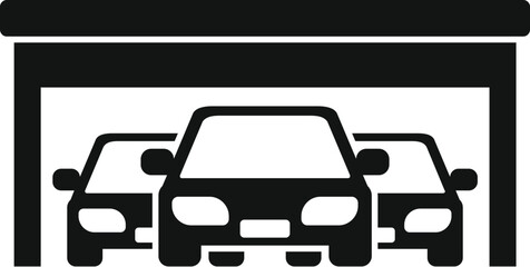 Three cars parking under a carport, simple black and white icon silhouette