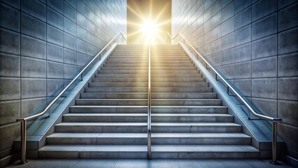 Fototapeta premium Light beam shining on empty stair steps with handrail , stairs, steps, handrail, light beam, illumination, empty