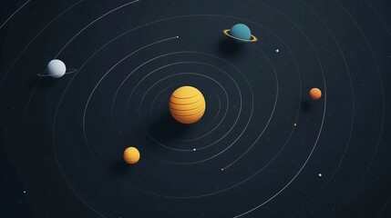 Minimalist depiction of the solar system, clean 2D vector illustration, basic orbits, and planets, plain design