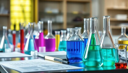Laboratory Research with Colorful Liquids in Flasks.