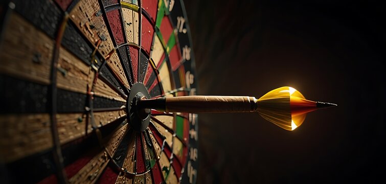 Darts in Dim Light Darts with dark, swirling light patterns and a soft, glowing bullseye.
