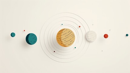 minimalist solar system, clean 2D vector illustration, simple orbits and planets, plain design with muted colors