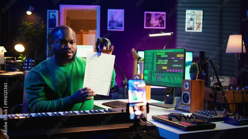 Aufkleber Skilled performer explaining sheet with musical notes on online video tutorial, internet lessons in home studio. Producer artist teaching how to read acoustical notation, playing piano. Camera B.
