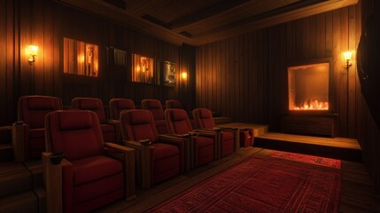 Naklejka premium Cozy home theater with red seats, wooden walls, a fireplace, and a rug.
