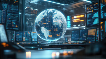 High-tech command center with digital screens displaying a 3D globe and data analytics. Concept of global communication and cybersecurity.