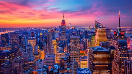 Illuminated Majesty - Captivating New York City Skyline at Dusk with Glowing Skyscrapers and Vibrant City Lights