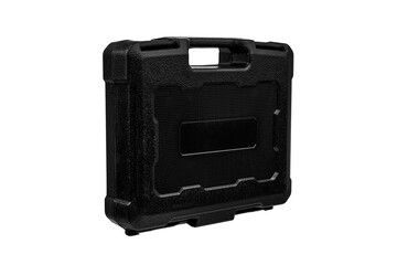 Black plastic container with foam inside for safe storage and transportation of fragile and expensive items. Sturdy plastic case. Isolate on a white back.