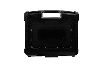 Black plastic container with foam inside for safe storage and transportation of fragile and expensive items. Sturdy plastic case. Isolate on a white back.