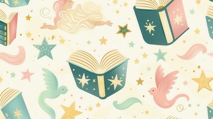 The artwork showcases a playful design with books, stars, and mythical birds in soft pastel hues