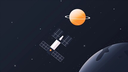 Fototapeta premium A minimalist satellite orbiting a simple Earth, clean lines, 2D vector illustration, plain design, basic colors