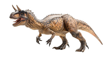 Fototapeta premium Carnotaurus dinosaur illustration, isolated on a white background, showcasing its unique horn structure, muscular body, and distinctive skin pattern