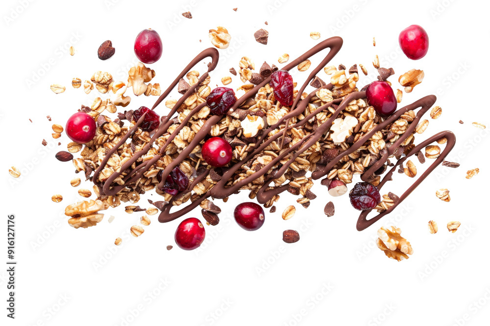 Wall mural cereal granola muesli with dark chocolate drizzle, with cranberries, walnuts, and nut berries scatte