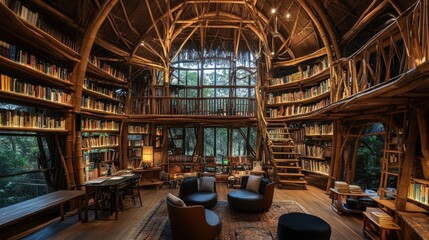 A cozy, circular, bamboo library with floor-to-ceiling bookshelves, a wooden table, and comfortable armchairs in a natural setting.