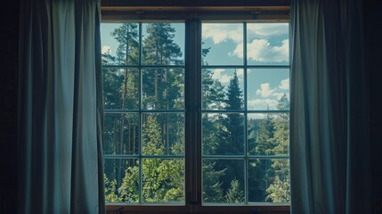 Fototapeta premium The apartment window faces the forest and sky.