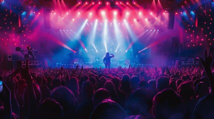 Energetic Concert Atmosphere: Popular Performer Rocking the Stage with Lively Crowd and Bright Lights