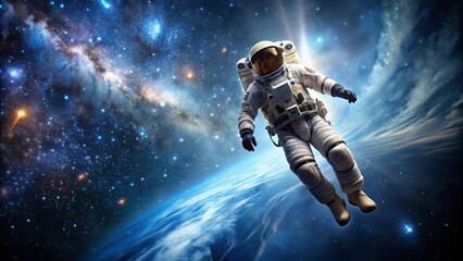 Fototapeta premium Astronaut floating in space surrounded by stars, astronaut, spaceman, space, stars, galaxy, exploration