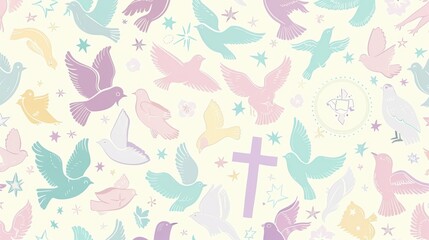 Fototapeta premium A vibrant design showcases various birds and crosses arranged artistically on a soft pastel backdrop