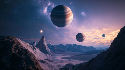 Alien landscape with planets, stars and mountains. ..