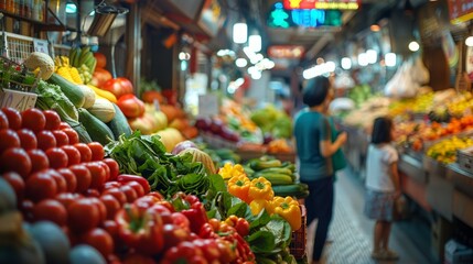 Fresh produce displayed at a vibrant farmers market with various vegetables and fruits