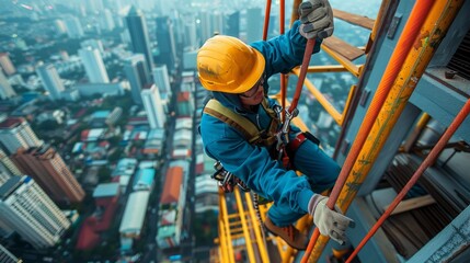 Fototapeta premium Construction worker on a high-rise building wearing safety gear in a cityscape