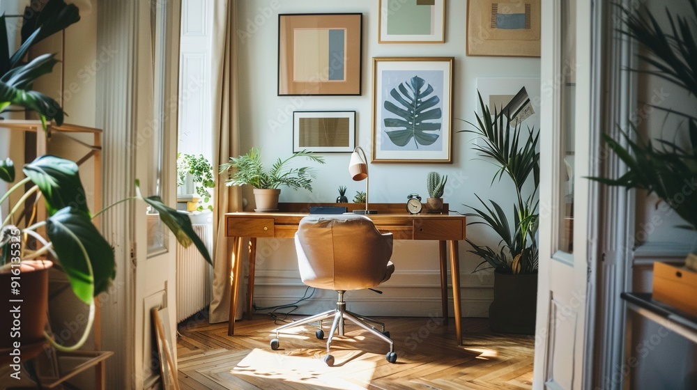 Wall mural Minimalist Home Office with Wooden Desk and Plants