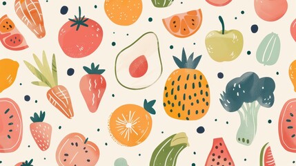 A vibrant array of fruits and vegetables is artistically arranged with bright colors