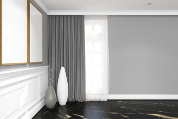 3d render of illustration interior design foyer of classic modern with frame. Bllack marble floor, gray wall finish and white ceiling. set 82