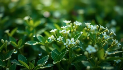 Delicate White Flowers in Lush Green Foliage.