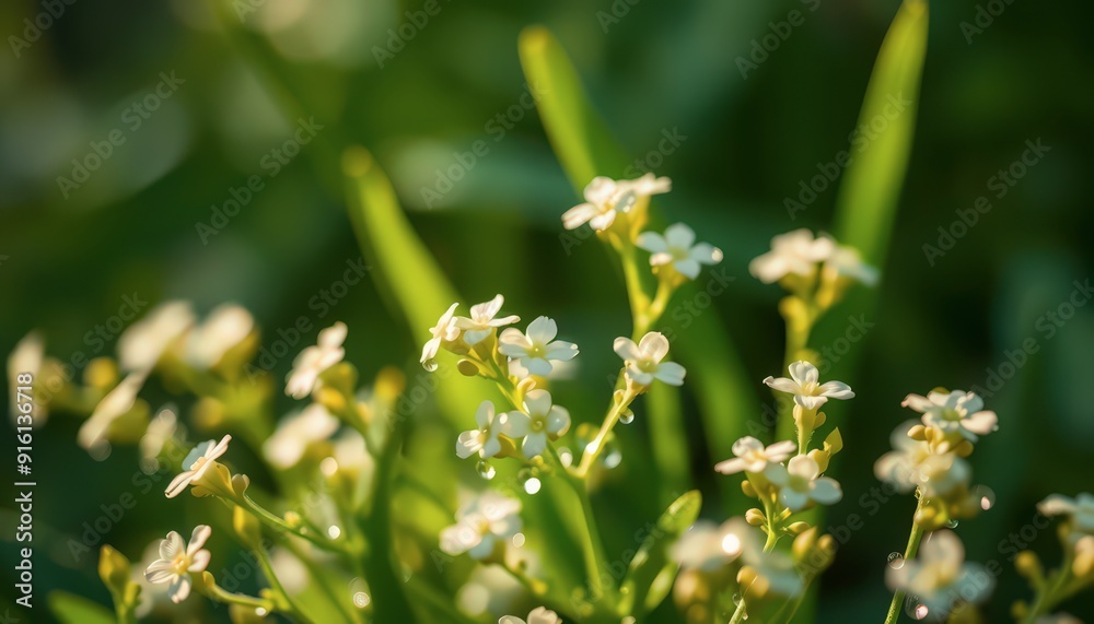 Poster white flowers with water droplets in green foliage.