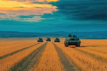 a modern column of armored personnel carriers drives through the field. the concept of modern war in Ukraine
