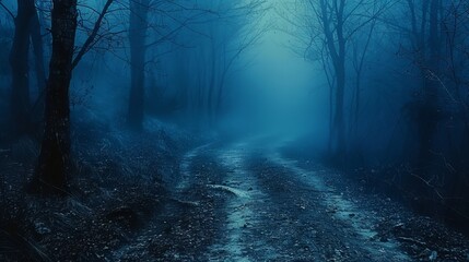 Misty forest path with eerie atmosphere in a dense fog during early morning