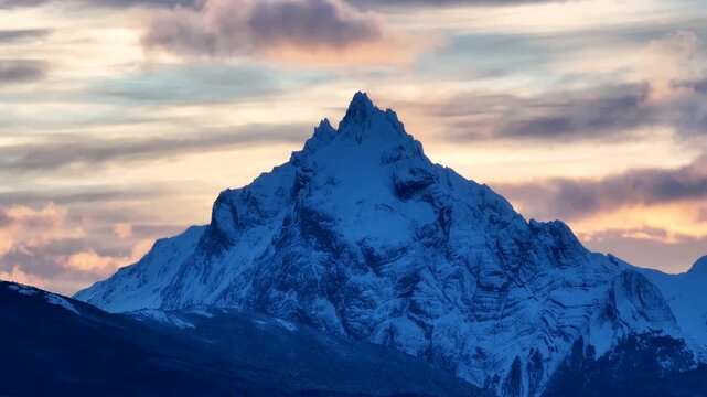 Mount Olivia At Ushuaia In Tierra Del Fuego Argentina. Snowy Mountains. Glacier Landscape. Tierra Del Fuego Argentina. Winter Background. Mount Olivia At Ushuaia In Tierra Del Fuego Argentina.