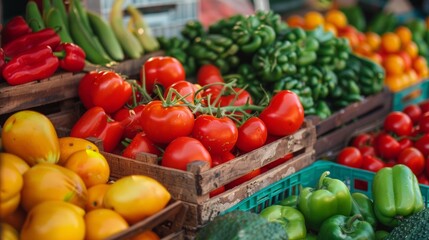 Fresh Vegetables Displayed in Wooden Crates at Market