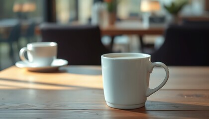 Coffee Mug on Wooden Table in Cafe.