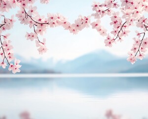 Fototapeta premium A serene landscape featuring blooming cherry blossoms over a tranquil lake with soft mountains in the background.