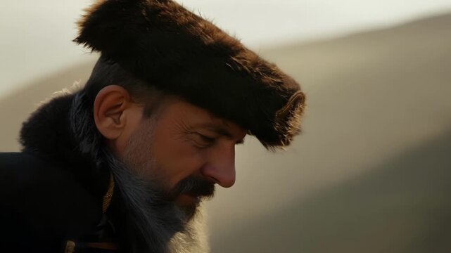 The traditional hat of a Russian Cossack is a reflection of his rich cultural heritage as seen in this closeup.
